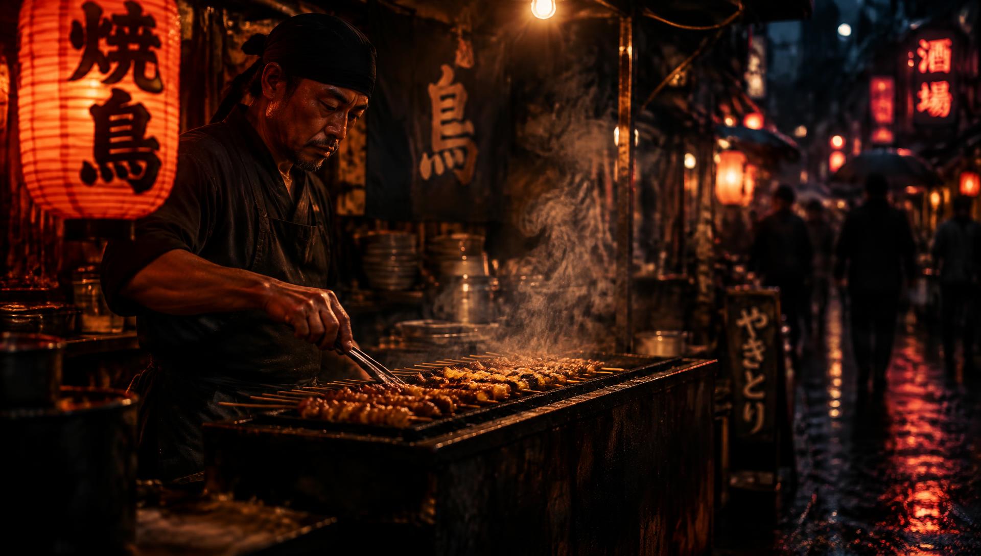 Late-night street kitchen glowing under neon lights